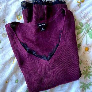 Purple Sweater with Black Lace Trim
